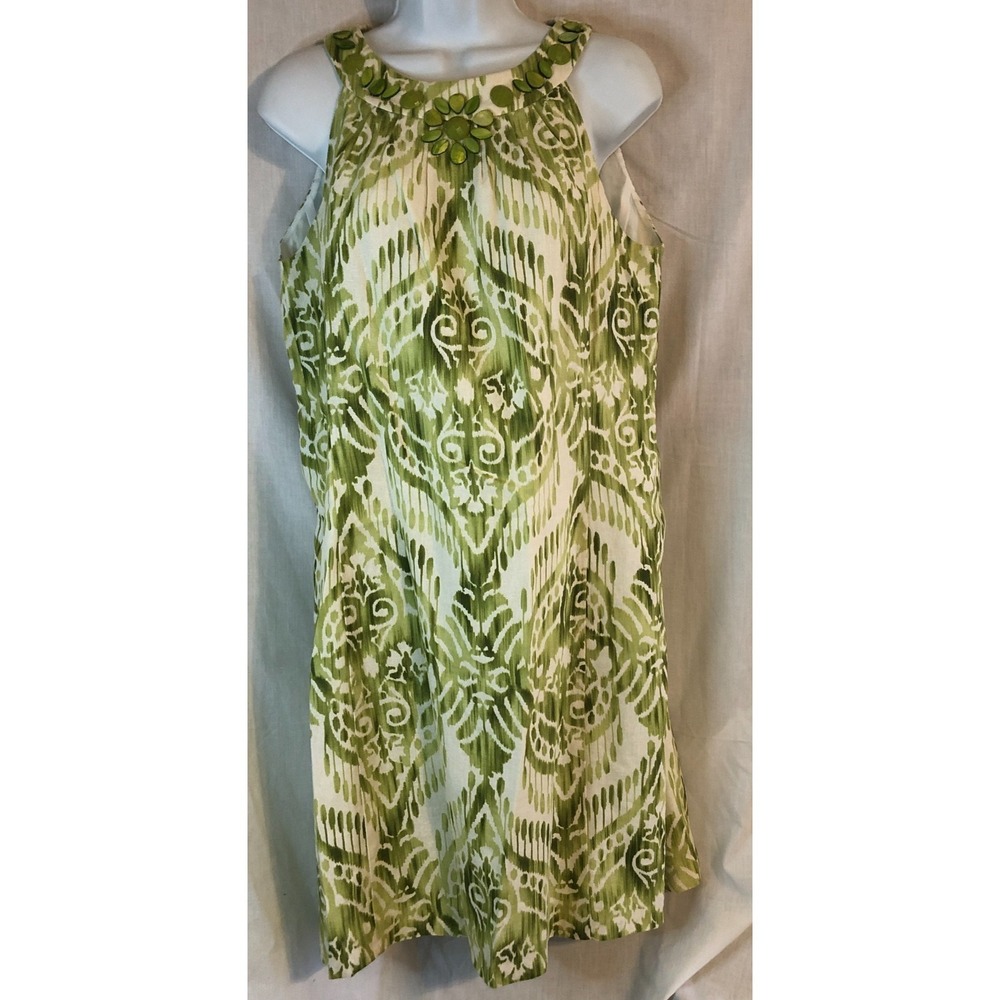 Jessica Howard Lime Green Patterned Dress -Sz 14 Green Stones Embellished